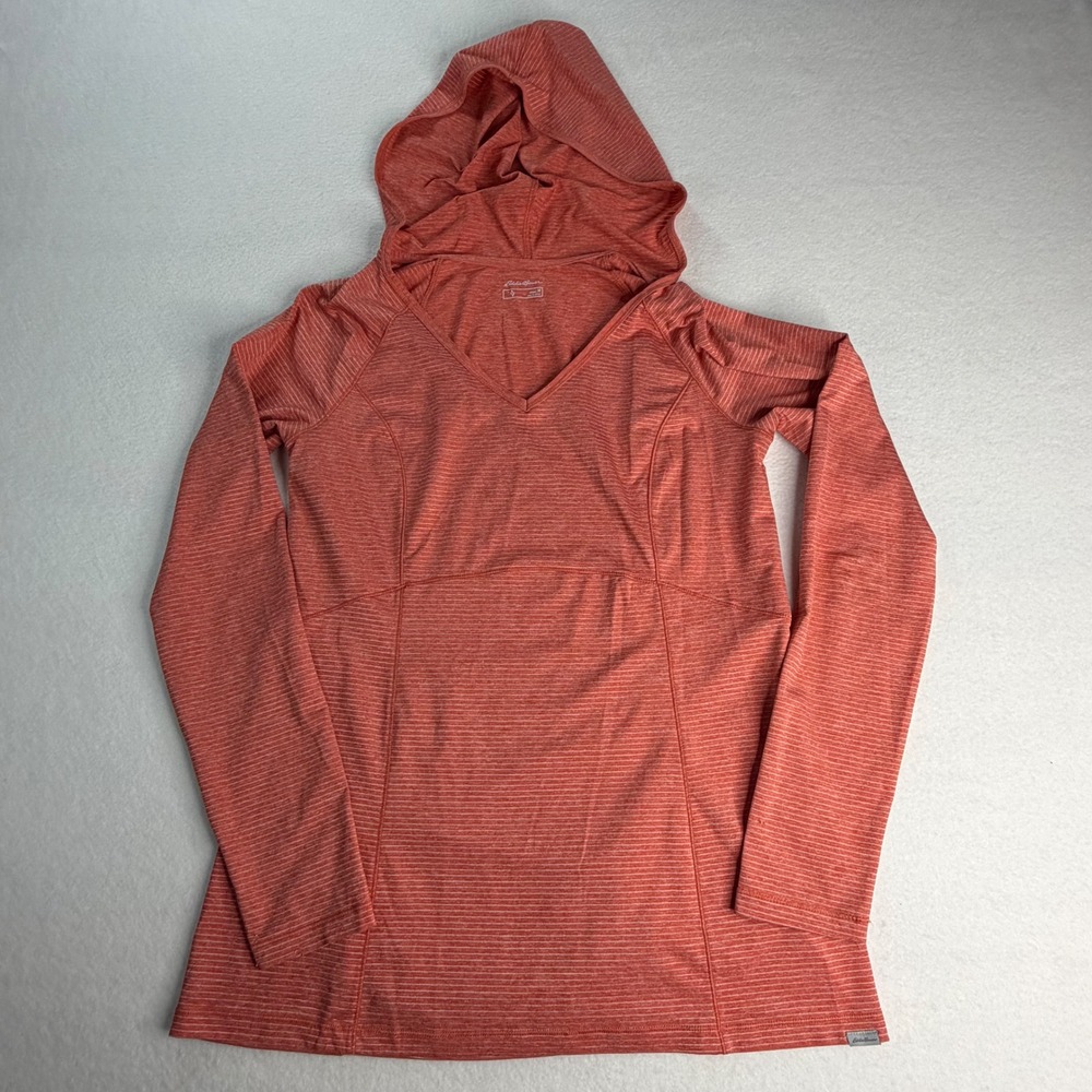 Eddie Bauer Womens Orange Striped V-Neck Long Sleeve Ruched Back Hoodie Medium